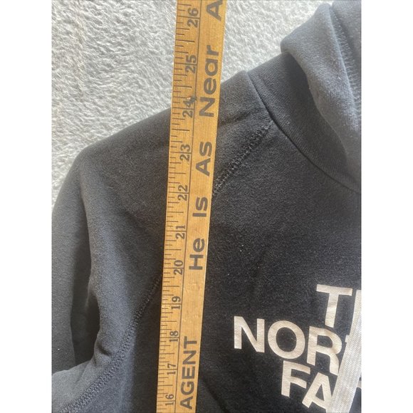THE NORTH FACE Women Sz S Black HOODIE Draw String Kangaroo Pocket White Logo - Picture 3 of 5